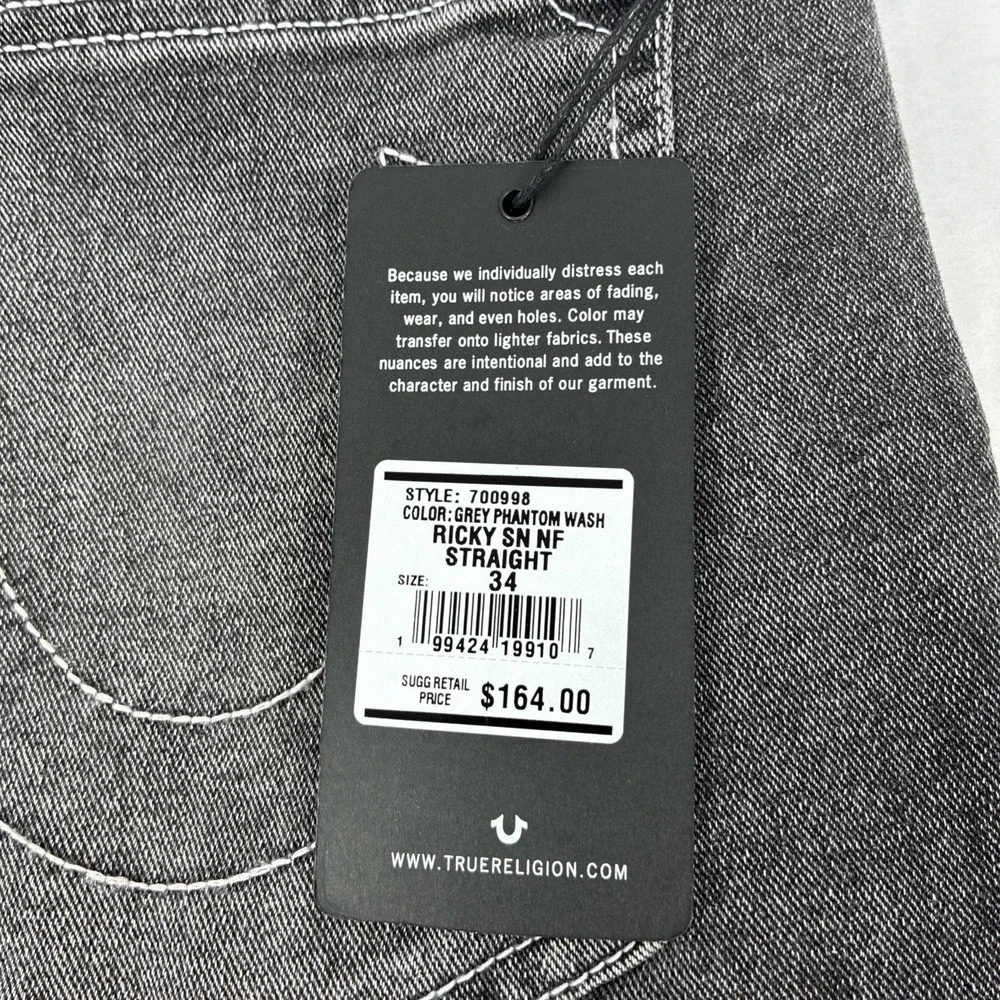 New Mens True Religion Ricky SN NF Relaxed Straight Gray Jeans 34x34 NWT (Read)